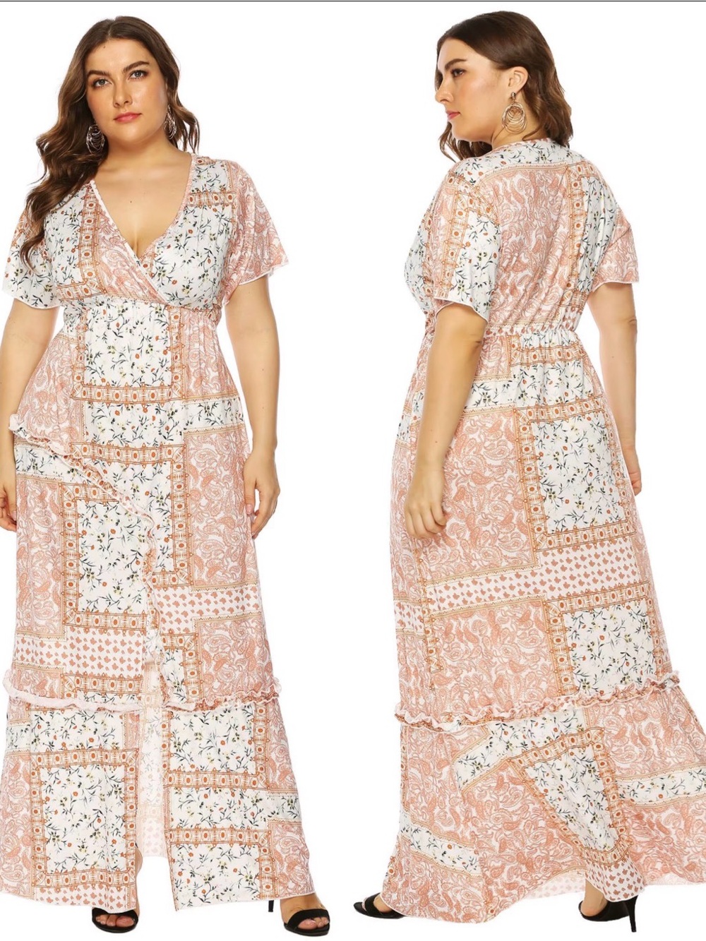 Patchwork Floral Maxi Dress - Pink & White- 4XL tall